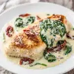 Creamy Tuscan chicken with sun dried tomatoes and spinach in Parmesan sauce