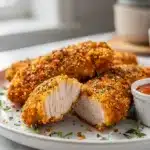 Crispy oven baked chicken tenders with golden panko parmesan coating and honey mustard.