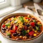 Creamy crockpot turkey chili with beans in a rustic wooden bowl.