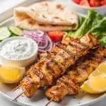 Juicy Greek chicken souvlaki skewers with tzatziki and warm pita bread.