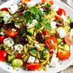 Greek Orzo Salad with feta olives tomatoes cucumber and fresh herbs
