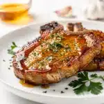 Honey garlic pork chops with a golden seared crust and sticky glaze.