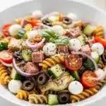 Colorful Italian pasta salad with salami, mozzarella, and fresh vegetables in a bowl.