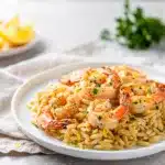 Creamy lemon garlic shrimp with orzo pasta in a bright close up.
