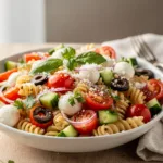 Light Italian pasta salad with mozzarella olives and tomatoes in creamy dressing