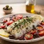Mediterranean baked cod with tomatoes olives and lemon in white dish