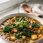 Creamy Mediterranean lentil soup recipe in a rustic bowl with fresh parsley garnish.