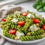 Colorful pesto pasta salad with mozzarella and tomatoes on rustic wooden table