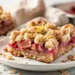Rhubarb crumble bars with oat topping and vanilla ice cream on side
