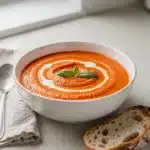 Creamy roasted red pepper soup garnished with fresh basil and cream