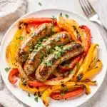 Sheet pan sausage and peppers recipe with roasted bell peppers and onions