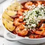 Rustic shrimp and feta bake in a chunky tomato sauce with herbs.