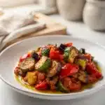 Slow Cooker Ratatouille vegetable stew in a rustic white ceramic bowl.