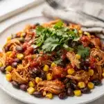 Slow cooker salsa chicken with black beans and corn in a bowl