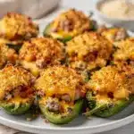 Crispy baked jalapeno poppers with creamy cheese filling on a rustic board.