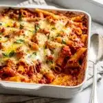 Creamy baked ziti pasta with rich tomato sauce and melted cheese.
