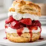 Tall flaky biscuit with macerated strawberries and vanilla whipped cream, bakery style shortcake.