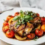 Juicy balsamic chicken with burst tomatoes in a glossy savory sauce
