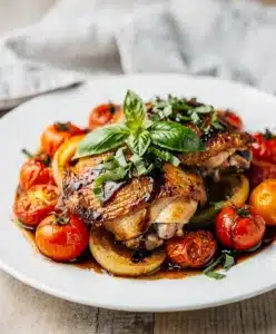 Juicy balsamic chicken with burst tomatoes in a glossy savory sauce