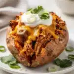 BBQ chicken stuffed sweet potatoes with cheese and green onions on wood