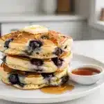 Fluffy blueberry pancakes with maple syrup and butter on rustic table.