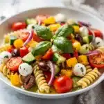 Colorful fusilli pasta salad with fresh vegetables and mozzarella in a bowl