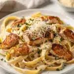 Creamy Cajun chicken Alfredo pasta with seared chicken and glossy sauce.