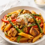 Creamy Cajun pasta with chicken and vegetables in a glossy sauce.