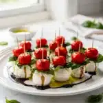 Colorful Caprese skewers with fresh mozzarella tomatoes and basil on a rustic wooden board
