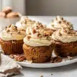 Moist carrot cake cupcakes with creamy frosting on a rustic wooden table.