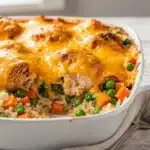 Creamy cheesy chicken and rice bake with golden crispy cheese edges