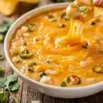 Creamy cheesy queso dip with tomatoes and jalapeños for dipping chips