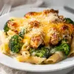 Creamy chicken broccoli Alfredo bake casserole with golden cheese topping