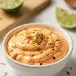 Creamy chipotle lime mayo with adobo swirls in a rustic ceramic bowl.