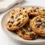 Chewy chocolate chip cookies with melty chips and a glass of milk.