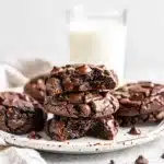 Double chocolate cookies with fudgy crackled tops and gooey chocolate chips.