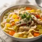 Comforting chicken noodle soup with tender chicken, egg noodles, and vegetables in golden broth.