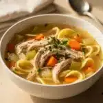 Cozy chicken noodle soup with tender chicken and vegetables in golden broth