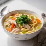 Cozy chicken noodle soup with carrots celery and shredded chicken in golden broth