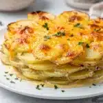 Creamy scalloped potatoes casserole with crispy cheesy edges and fresh chives.