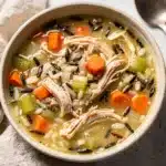 Creamy chicken and wild rice soup in a rustic bowl with vegetables and parsley.