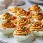 Creamy deviled eggs with smoked paprika on a rustic wooden serving board.