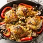 Creamy Dijon mustard skillet chicken with mushrooms and red peppers for dinner