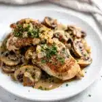 Creamy mushroom chicken recipe with glossy sauce for healthy dinner ideas