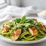 Creamy pesto chicken pasta with penne and fresh basil in close up.