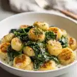 Creamy skillet gnocchi with spinach in a rich Parmesan cream sauce.