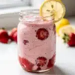 Creamy strawberry lemonade smoothie in a tall glass with fresh fruit garnish.
