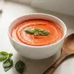 Creamy tomato basil soup in a rustic bowl with fresh basil garnish
