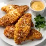 Crispy baked chicken tenders with golden breadcrumbs on a bright plate.