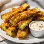 Crispy parmesan zucchini fries with a golden panko crust and dipping sauce.